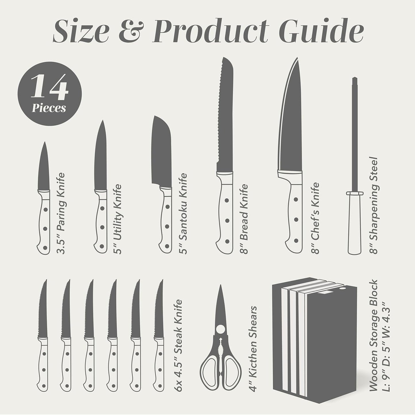 COOK WITH COLOR 14 Pieces Kitchen Knife Block Set, Knives for Kitchen, Forged Cutlery with Razor-Sharp High Carbon Steel Blades, Magnetic Block