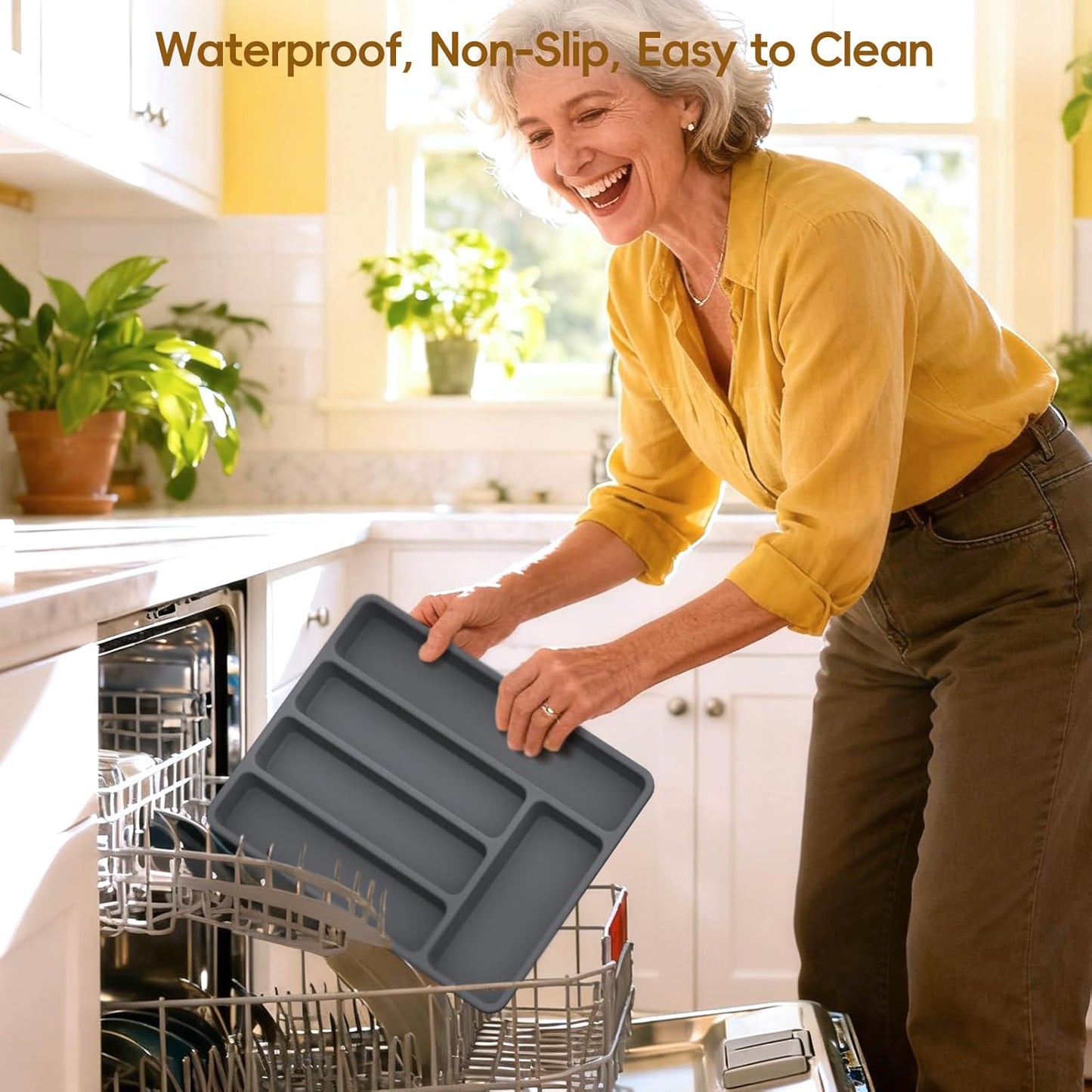 Non-Slip Silicone Kitchen Drawer Organizer for Utensils & Flatware | Heavy-Duty Silverware Cutlery Tray Insert | Waterproof, Easy-Clean for Office, Junk Drawer