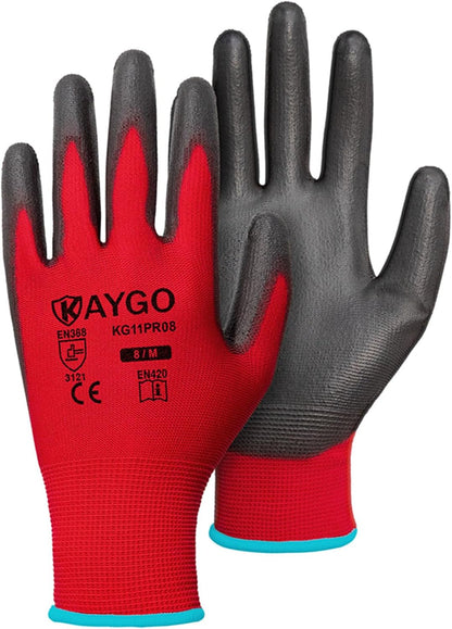 KAYGO Work Gloves for Men and Women,12 Pairs Seamless Knit PU Coated Safety Gloves, with Smooth Grip on Palm and Fingers, Ideal for Light Warehouse, Manufacturing, Gardening, KG11P (M, Black)