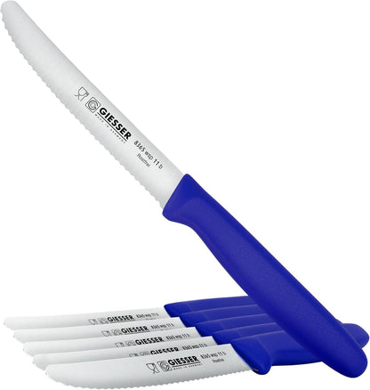 Giesser since 1776, Made in Germany, Serrated kitchen knives round tip dishwasher safe 4.5 inch - Tomato knife, Steak knive set of 6 (MIX Color)