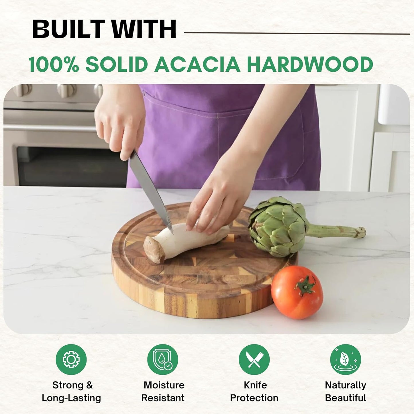 End Grain Acacia Wood Cutting Boards for Kitchen, 1.5 in Thick Butcher Block Construction for Stability, 15 x 10 in Medium Cutting Boards with Gift Box, Juice Groove and Handle