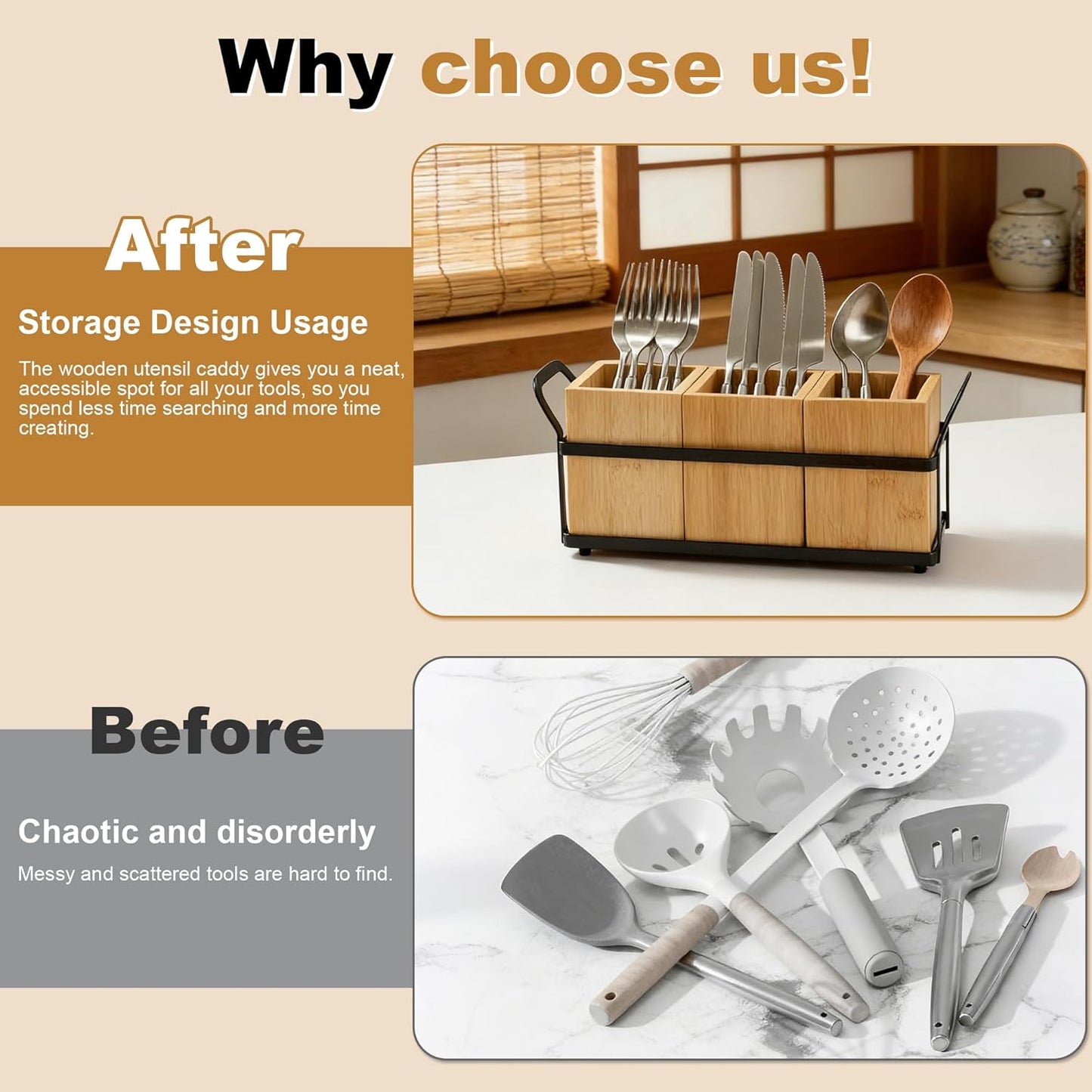 Kitchen Utensil Holder for Countertop, 3 Compartments Wooden Utensils Organizer for Cooking Utensils, Silverware, Spatula, Fork, Knife, Cutlery Storage for Kitchen Counter-White