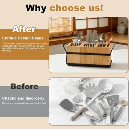 Kitchen Utensil Holder for Countertop, 3 Compartments Wooden Utensils Organizer for Cooking Utensils, Silverware, Spatula, Fork, Knife, Cutlery Storage for Kitchen Counter-White