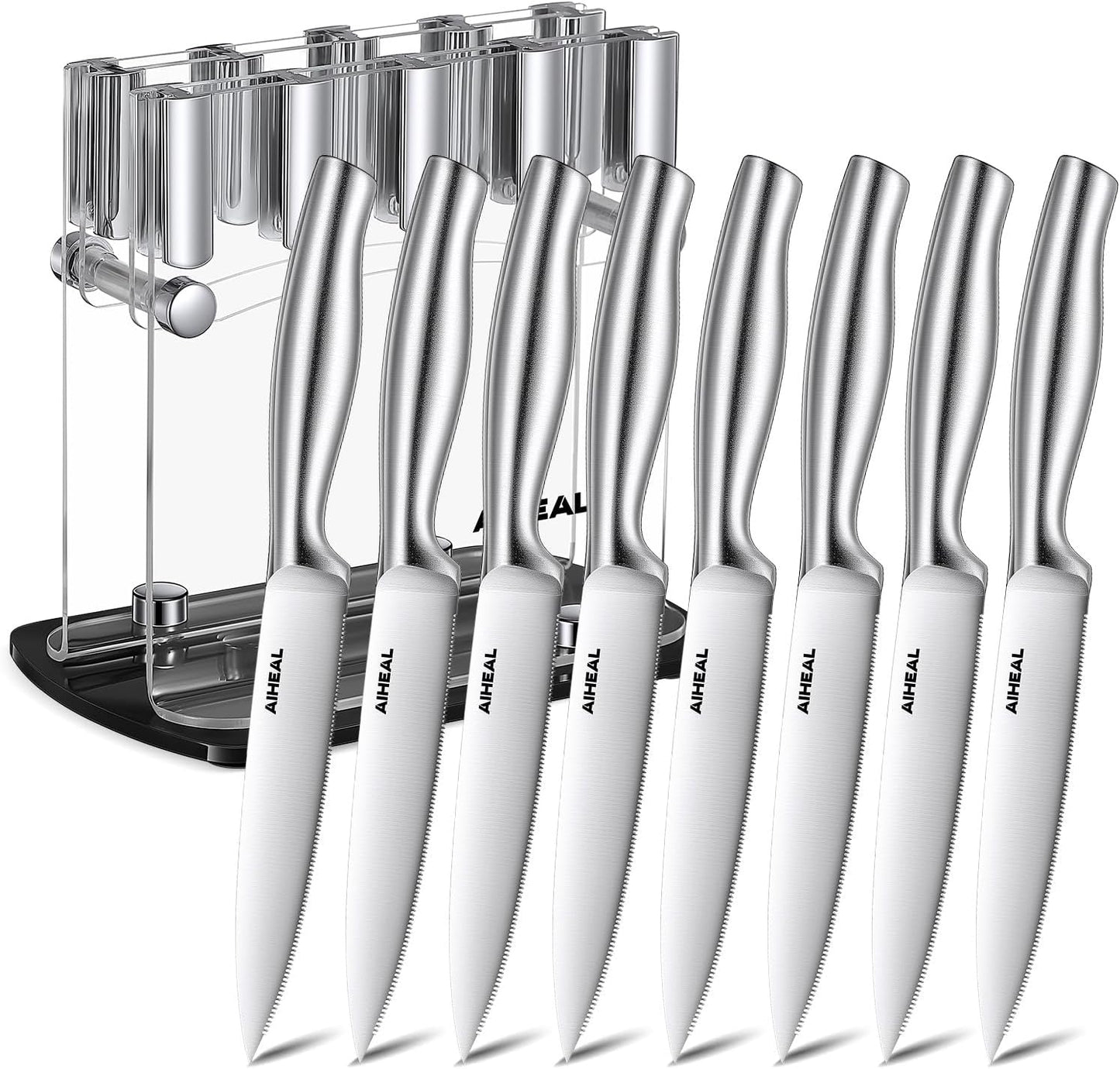Aiheal Steak Knives, Stainless Steel Steak Knives Set of 8, Never Needs Sharpening Dinner Steak Knife Set, Sharp Micro Serrated Knives