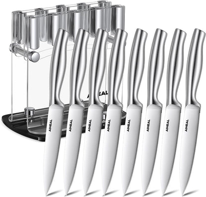 Aiheal Steak Knives, Stainless Steel Steak Knives Set of 8, Never Needs Sharpening Dinner Steak Knife Set, Sharp Micro Serrated Knives