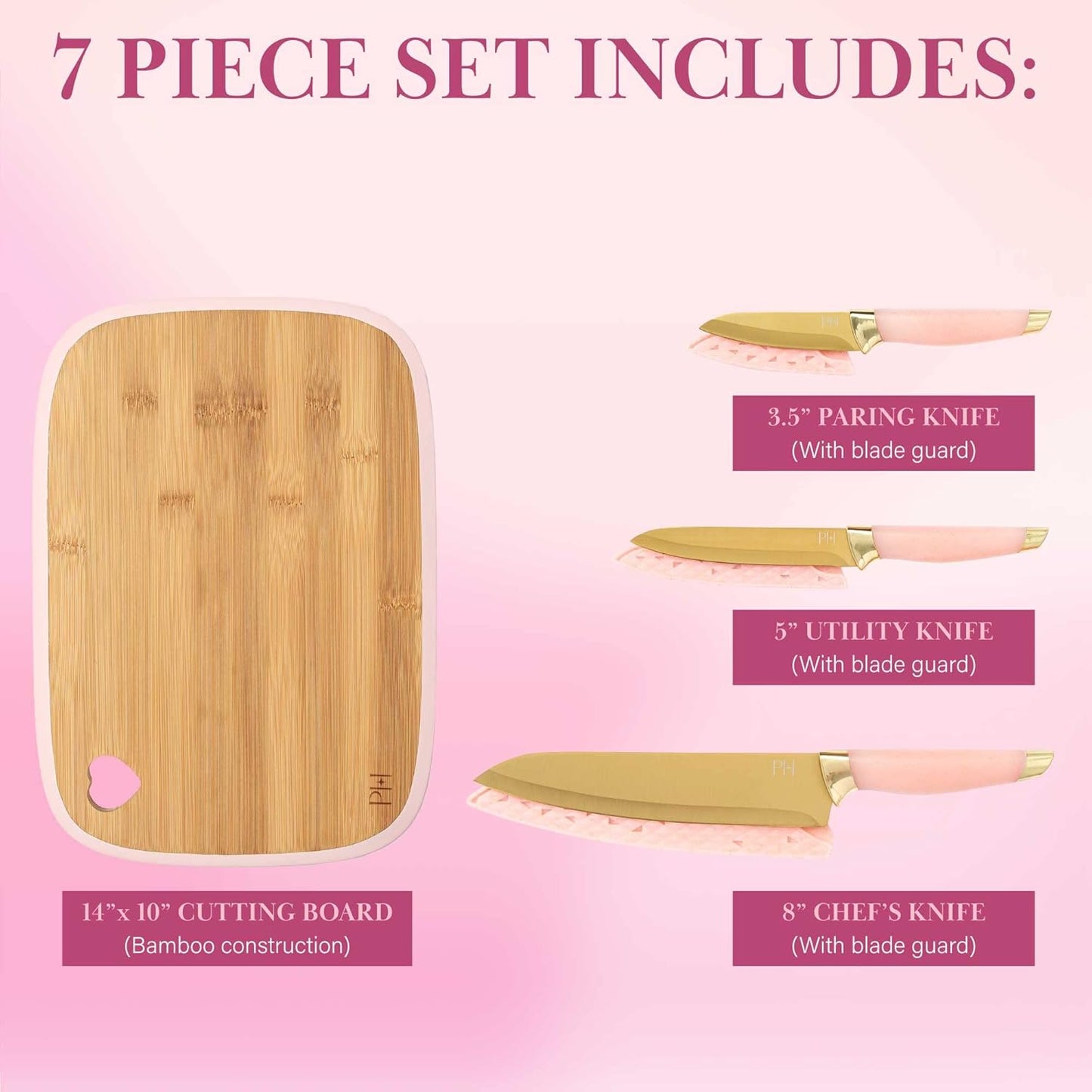 Paris Hilton Bamboo Cutting Board for Kitchen, Reversible Cutting Board and Cutlery Set with High Carbon Stainless Steel Knives and Blade Guards, Comfortable Handle Grips, 7-Piece Set, Gold and Pink