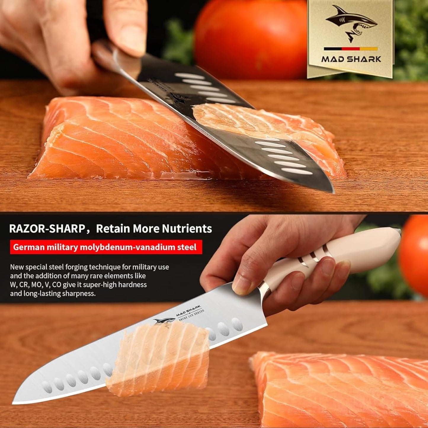 MAD SHARK 8 Inch Santoku Knife - Ultra Sharp Japanese Kitchen Knife with High Carbon German Steel, Ergonomic Handle, Ideal for Slicing, Dicing, Cutting - Unique Gift for Chefs, Men & Women (Black)