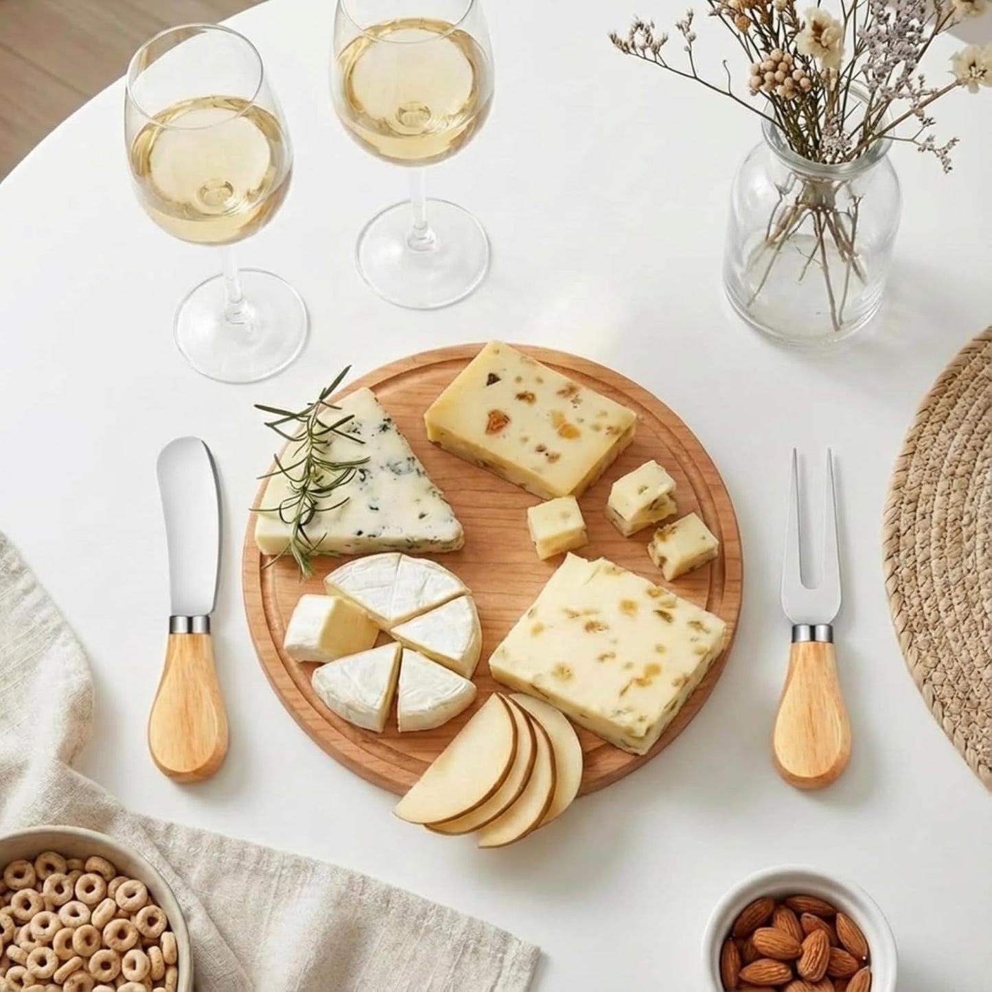 Maxcheck 18 Sets Baby Shower Bridal Game Prizes for Winners Round Cheese Board Set Wood Mini Charcuterie Board with Knives and Forks Thank You Card with Gift Box for Guests Wedding (Bamboo)