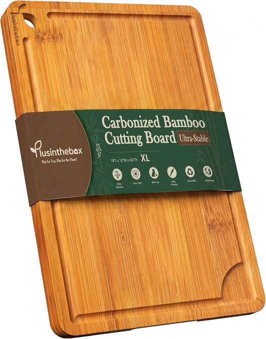 Cutting Boards for Kitchen, Bamboo Cutting Board Set of 3 with Storage Stand, Deep Carbonized Chopping Boards with Deep Juice Grooves and Side Handles for Meat, Vegetables, Fruit and Meal Prep