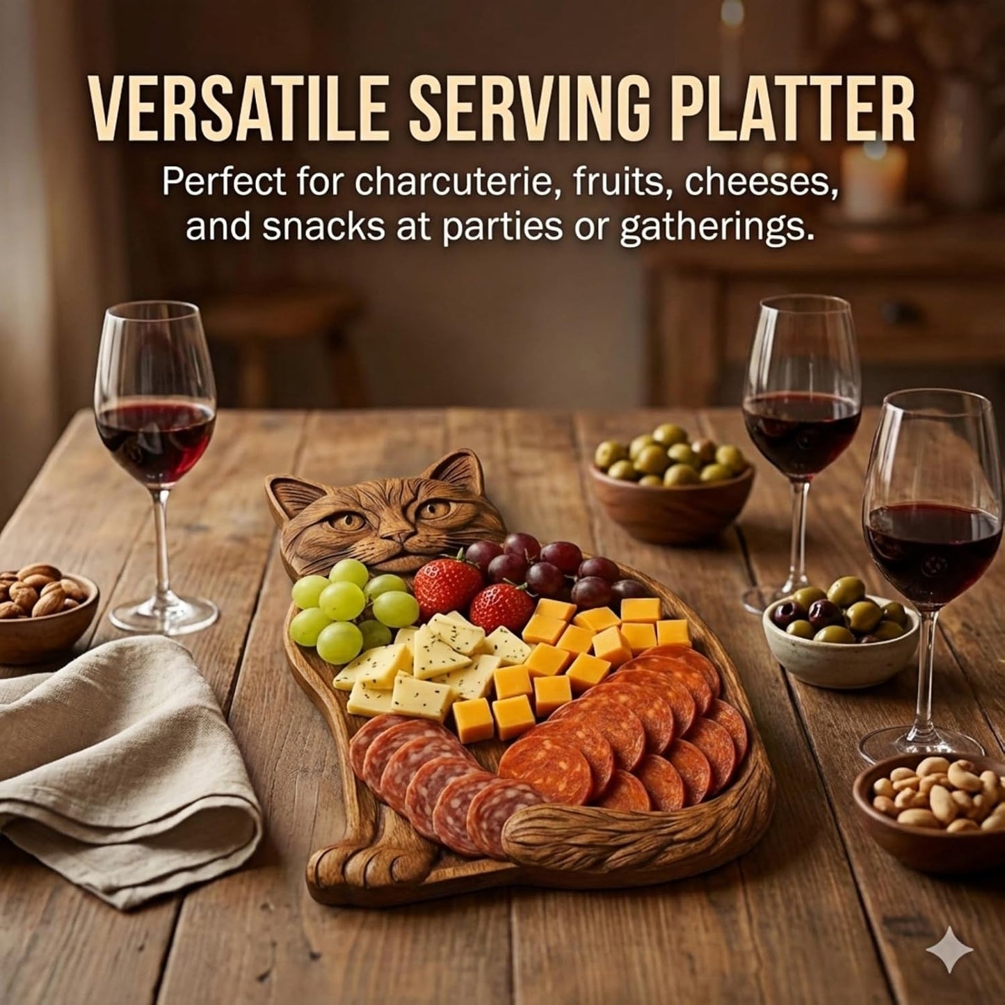 Cat Shaped Tray - Wooden Charcuterie Board For Fruit And Cheese - Artisan Serving Platter