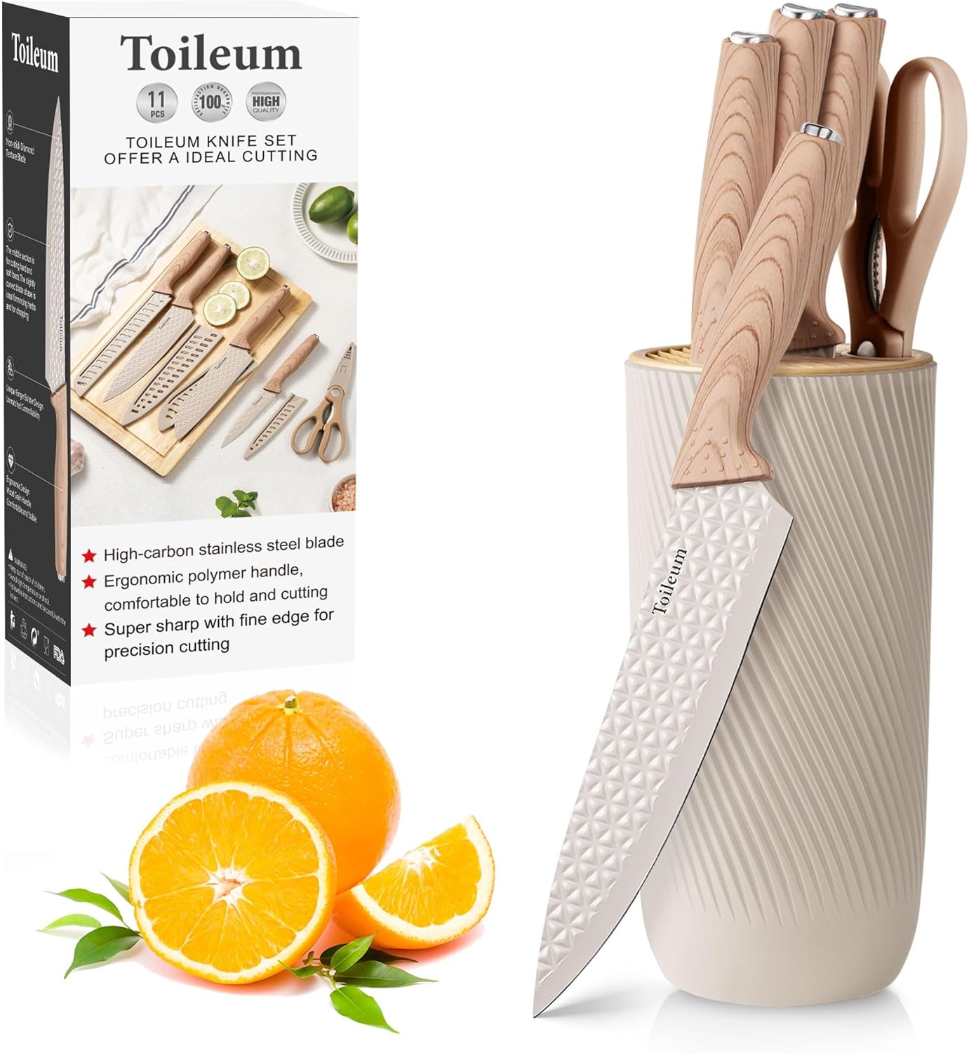 Khaki Kitchen Knife Set with Block for cooking necessities,11 pieces knives block set for kitchen appliances, Anti-Rust Non-Stick Stainless Steel with 5 Blade Guards