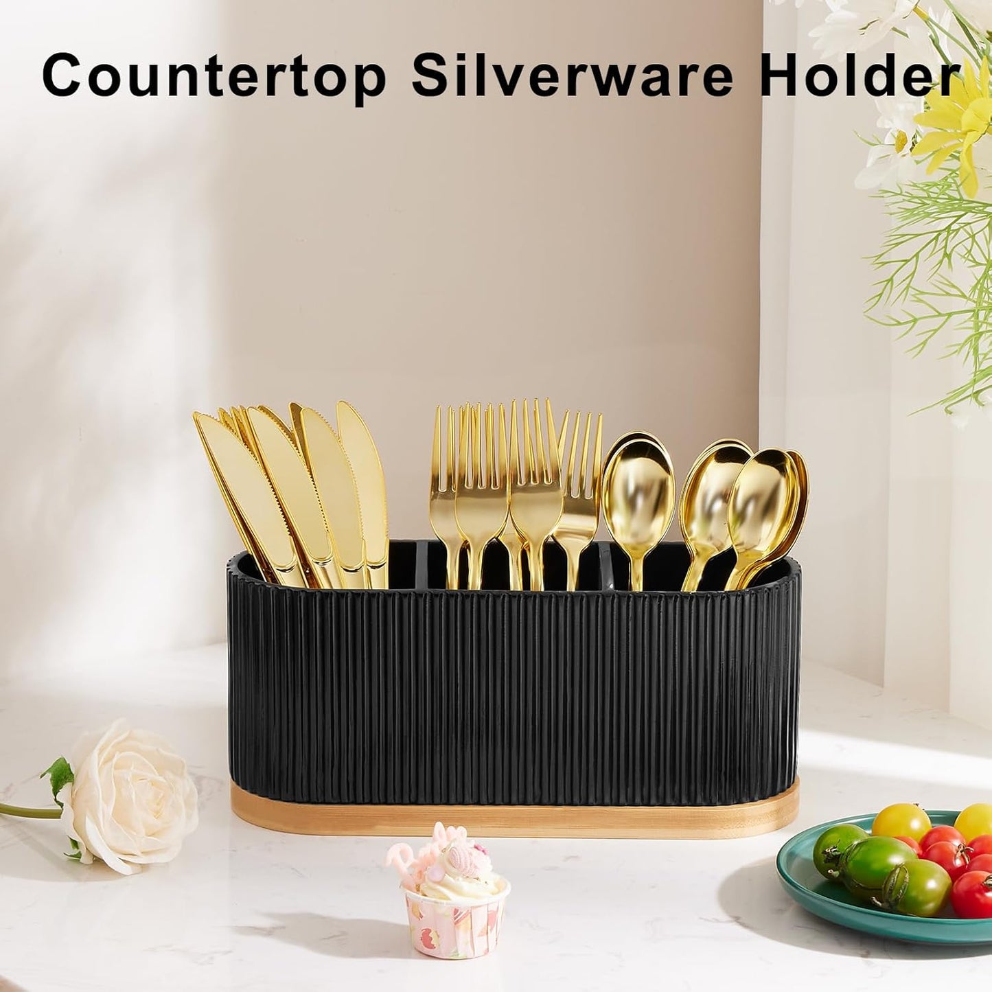 HouseJoy Countertop Silverware Holder, Silverware Caddy Organizer Holder for Forks, Spoons, Knives, Cutlery Caddy with 3 Compartments, Kitchen Utensil Holder for Party, Countertop