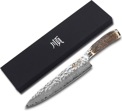 SUNLONG Usuba & Nakiri Knife 6.5 inch Fruit and Vegetable Knife Japanese Hammered Damascus Steel Super sharp - Natural Deer Horn Handle