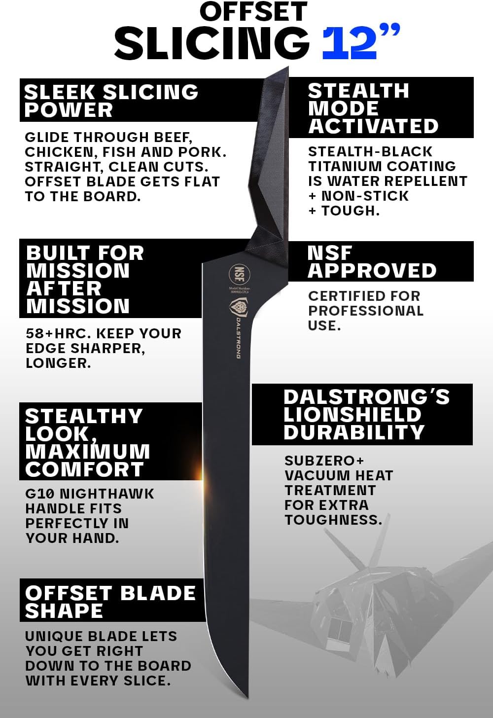 DALSTRONG Slicing Knife - 12 inch - Carving Offset Blade - Shadow Black Series - Black Titanium Nitride Coated - High Carbon 7CR17MOV-X Vacuum Treated Steel- Sheath - NSF Certified - Bread, Ham Slicer