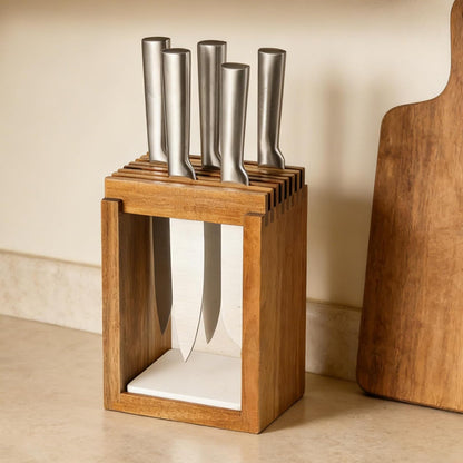 Universal Wood Knife Block Natural Acacia Wood Knife Holder for Kitchen Counter Large Capacity Slotted Storage for Chef, Steak Bread Knives Space-Saving Modern Design Non-Slip Base Black