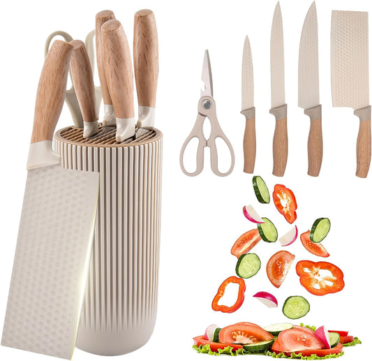 Kitchen Knife Set,6-Piece Khaki Kitchen Knife Set with Knife Block – Non-Stick Stainless Steel Sharp Blades, Anti-Rust & Ergonomic Design for Home, Restaurant,Outdoor