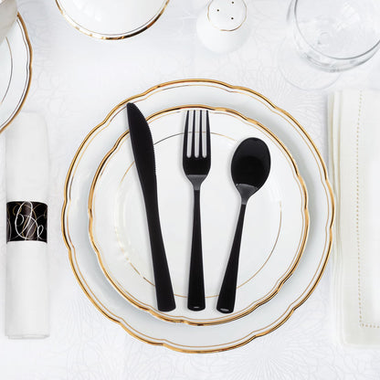 Party Essentials Pre-Rolled Disposable Extra Heavy Duty Plastic Cutlery Kit with Black Fork/Knife/Spoon and 3-Ply White Napkin (Case of 100 rolls)