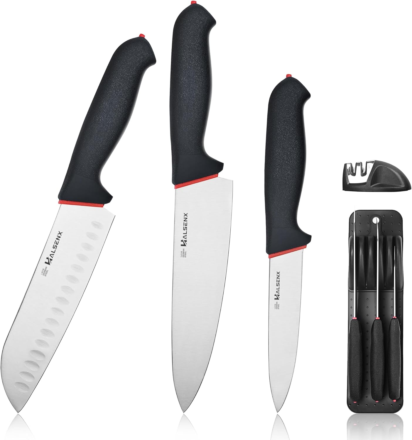 5-Piece Professional Kitchen Knife Set - 8" Chef, 7" Santoku, 5.5" Utility Knives, In-Drawer Knife Storage & Sharpener - Non-Slip Softgrip Handle for Home Kitchen
