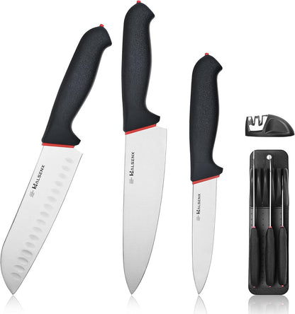5-Piece Professional Kitchen Knife Set - 8" Chef, 7" Santoku, 5.5" Utility Knives, In-Drawer Knife Storage & Sharpener - Non-Slip Softgrip Handle for Home Kitchen