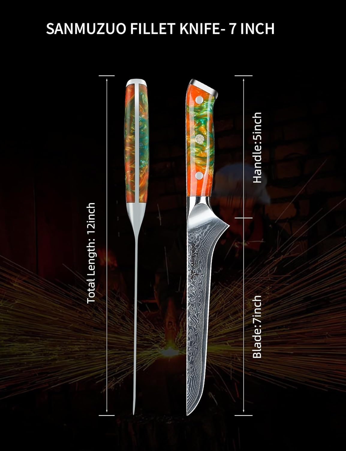 7 inch Fillet Knife, VG10 Damascus Steel Fish Boning Knife with Resin Handle - Xuan Series (Sunset Red)