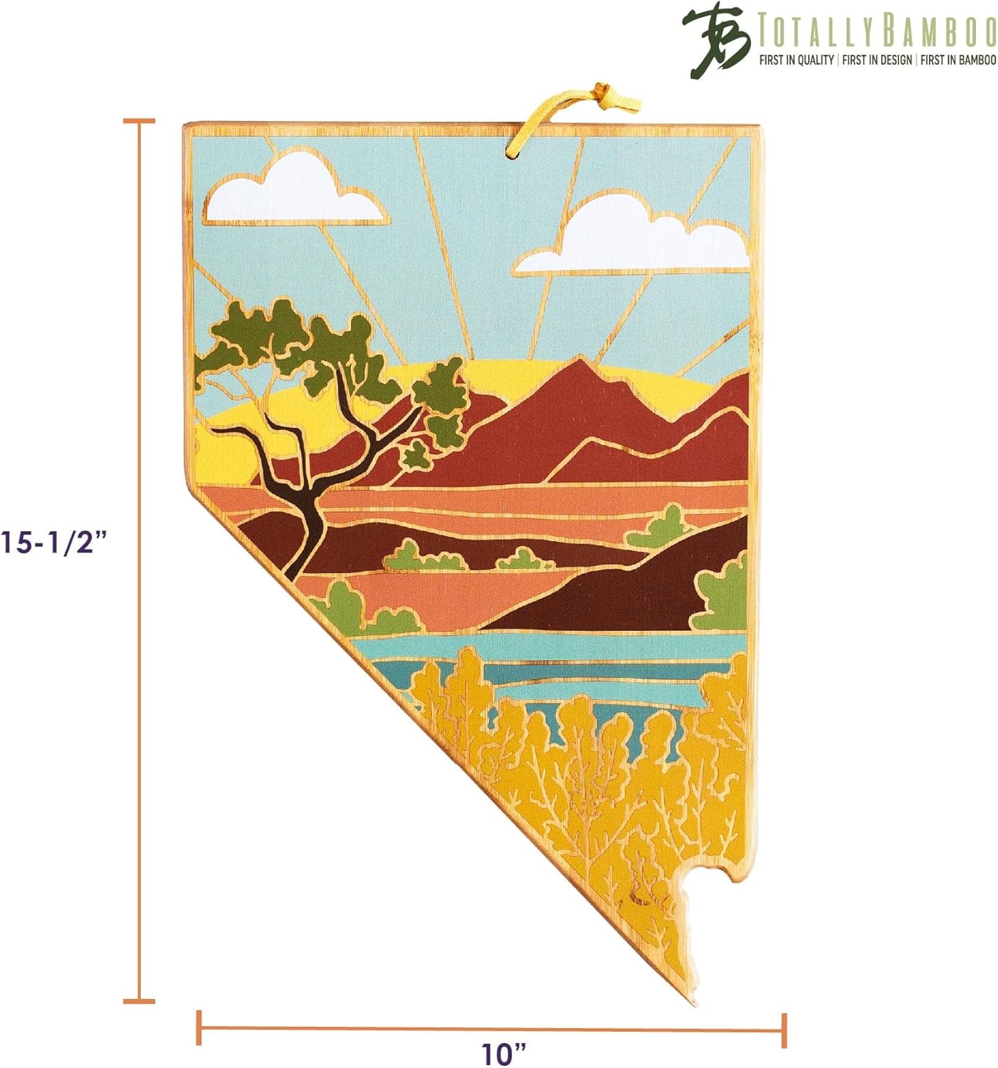 Totally Bamboo North Carolina State Shaped Cutting Board and Charcuterie Serving Platter with Artwork by Summer Stokes, Includes Hang Tie for Wall Display 18" x 8" x 5/8" - Colors A