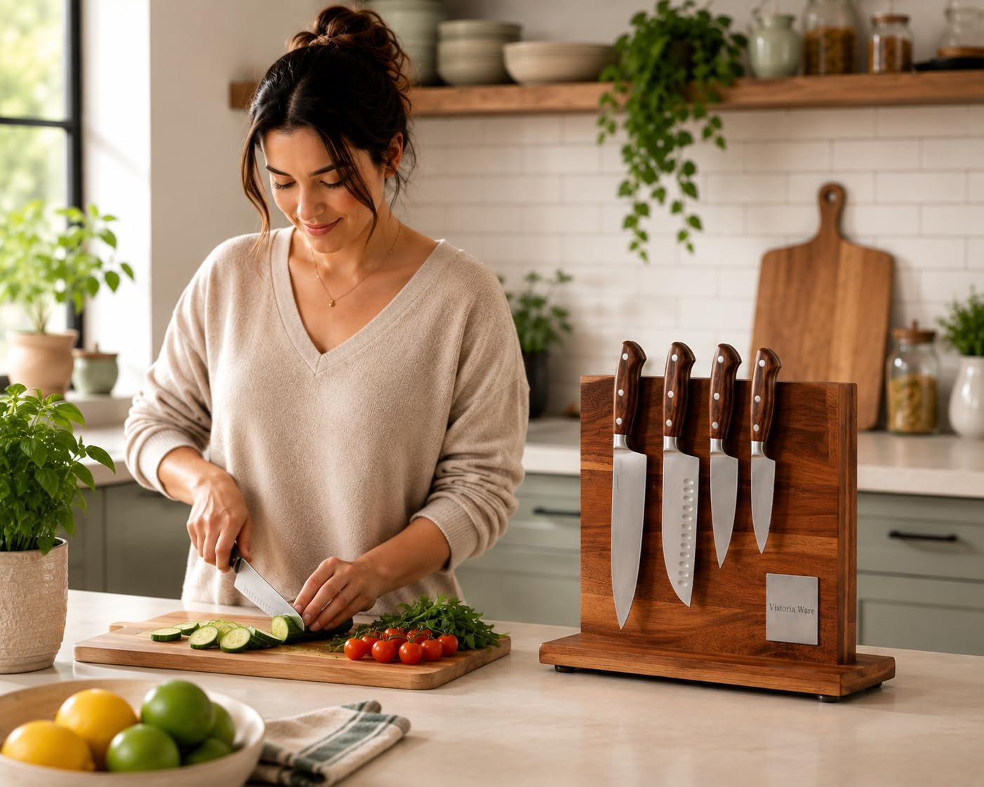 Magnetic Knife Block with Acrylic Shield, Double-Sided Acacia Wood Knife Holder for Kitchen Countertop, Strong Magnet Knife Organizer, Holds 10–12 Knives, Space Saving Storage