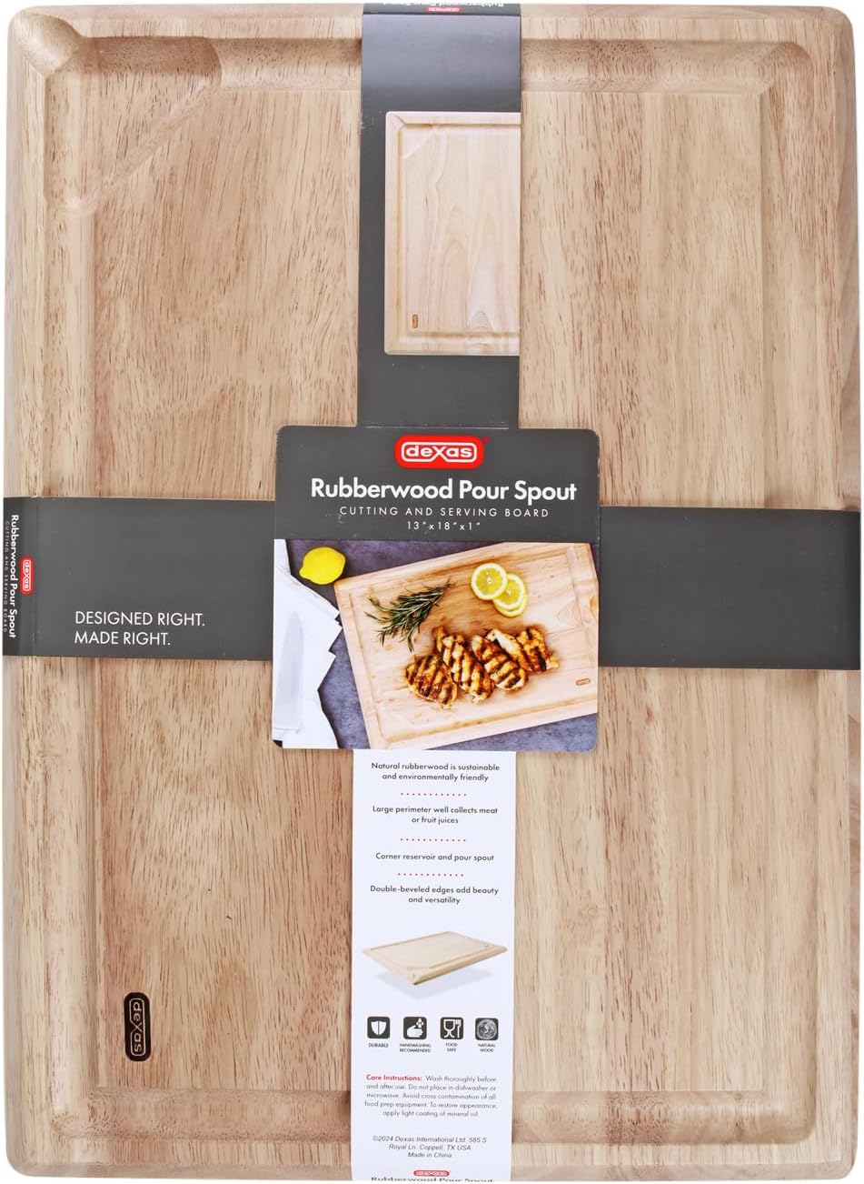 Dexas Rubberwood Pour Spout Cutting Board – 21" x 15" x 1" | Juice Groove, Easy-Pour Corner, Heavy-Duty Wood Board for Carving & Chopping