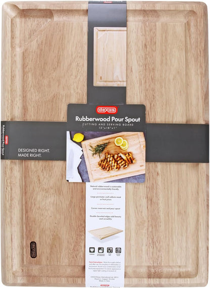 Dexas Rubberwood Pour Spout Cutting Board – 21" x 15" x 1" | Juice Groove, Easy-Pour Corner, Heavy-Duty Wood Board for Carving & Chopping