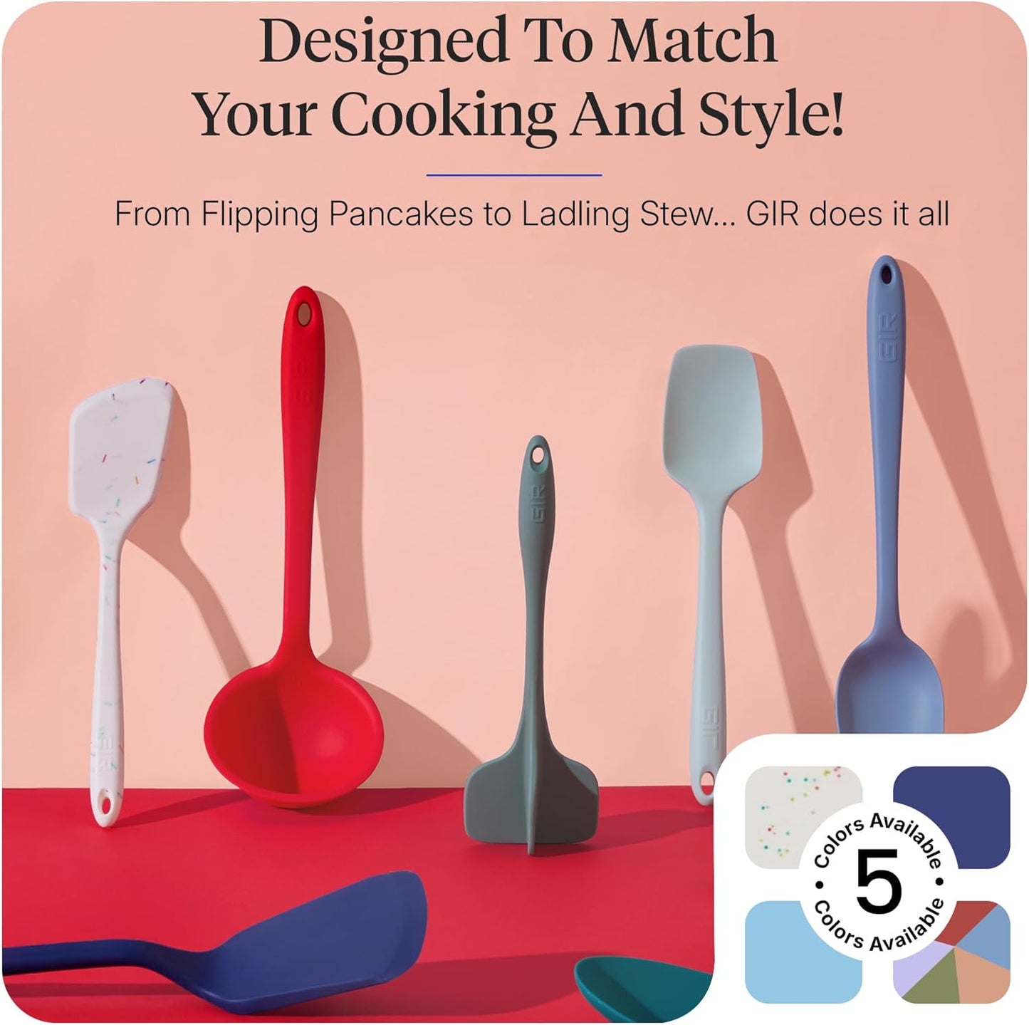 GIR: Get It Right 5 Piece Silicone Ultimate Kitchen Utensils Set - Ladle, Spatula, Flip, Spoon & Spoonula - Non-Toxic Cooking Utensils for Nonstick Cookware, Cooking and Baking - Red