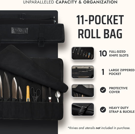 Asaya Waxed Canvas Chef Knife Roll Bag with 10 Slots and a Zipper Pocket - Professional Chef Knife Bag & Storage Case, with Shoulder Strap - Knives Not Included (Black)