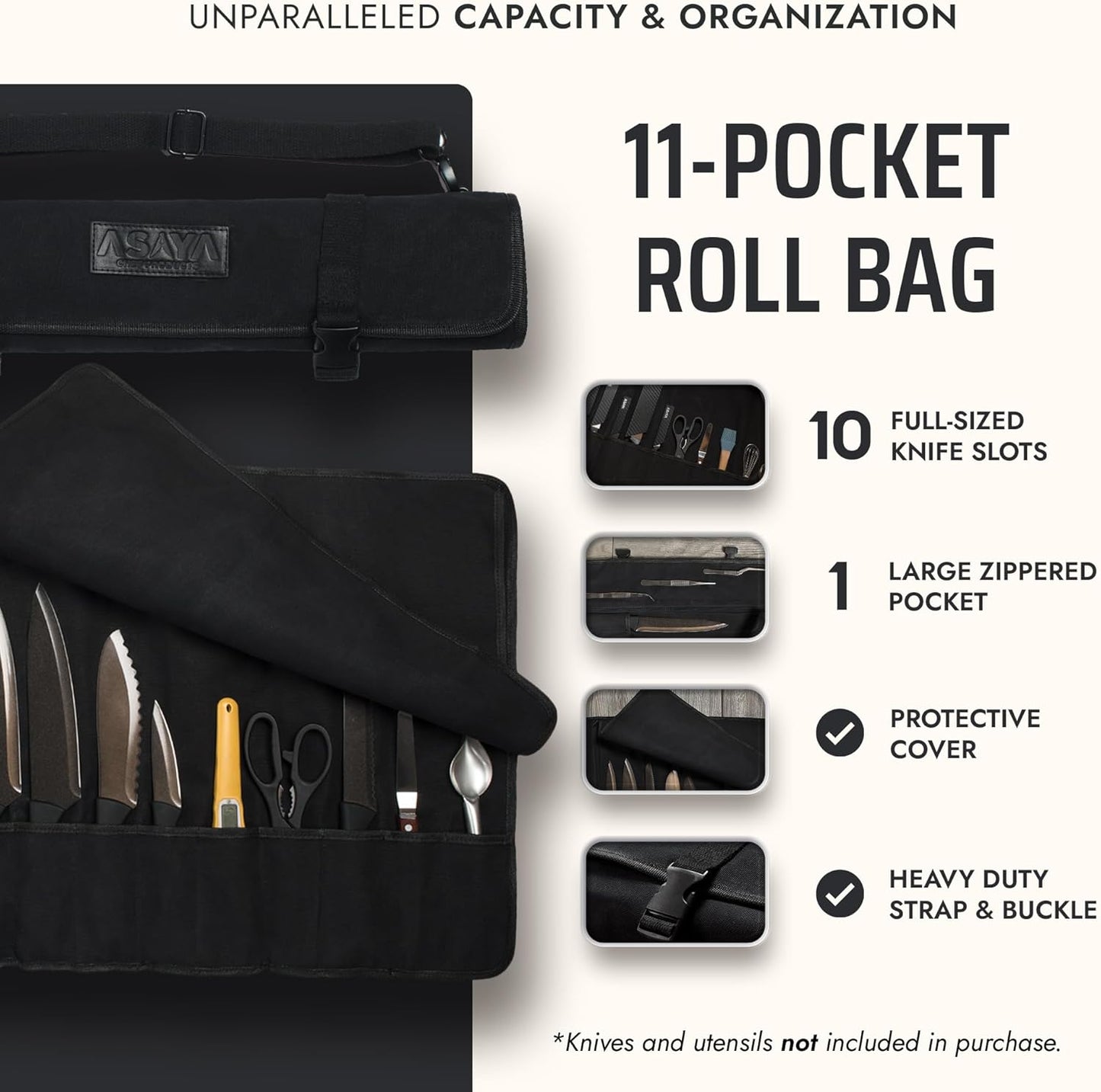 Asaya Waxed Canvas Chef Knife Roll Bag with 10 Slots and a Zipper Pocket - Professional Chef Knife Bag & Storage Case, with Shoulder Strap - Knives Not Included (Brown)