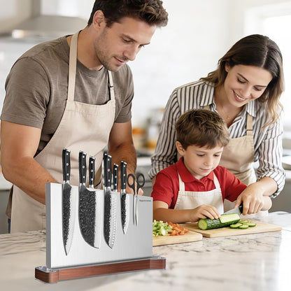 Magnetic Knife Holder, Stainless Steel Magnetic Knife Block without Knives, Strong Double Sided Magnet Knife Storage Strip with Wood Base for Kitchen Counter-Silver