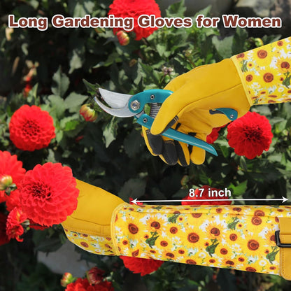 DLY Gardening Gloves for Women, Rose Gloves Gardening Thorn Proof, Long Garden Gloves for Women, Breathable Cowhide Leather Gauntlet (Medium, Blue)