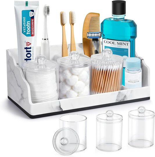TuCao Marble Bathroom Countertop Organizer, Toothbrush Holders for Bathroom with 2PCS Qtip Holder Dispenser and Toothpaste Holder Drainage for Bathroom Accessories Organization Counter Vanity Storage