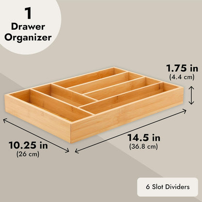 Juvale Silverware Organizer Tray - Brown Bamboo, 6-Slot, 14.5 x 10.25 x 1.75 in - Utensil Drawer Organizer & Cutlery Tray for Kitchen & Desk Use