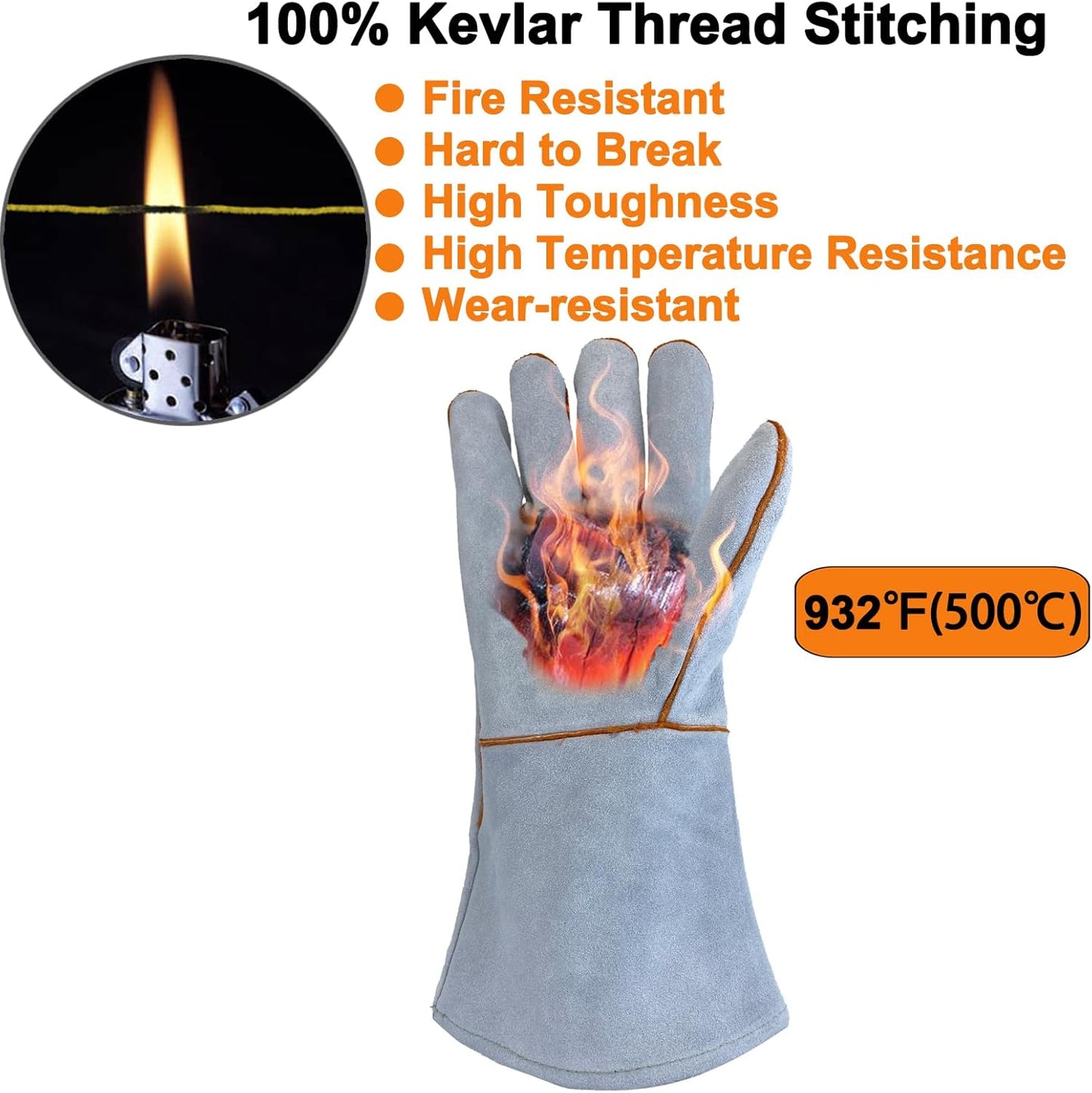 Welding Gloves 14 Inches, Heat Resistant 932℉ Leather Welding Gloves for MIG, TIG, Stick, Long Sleeve Grill Gloves for Welding, Fireplace, BBQ, Oven, Furnace, Wood Stove, Animal Handling