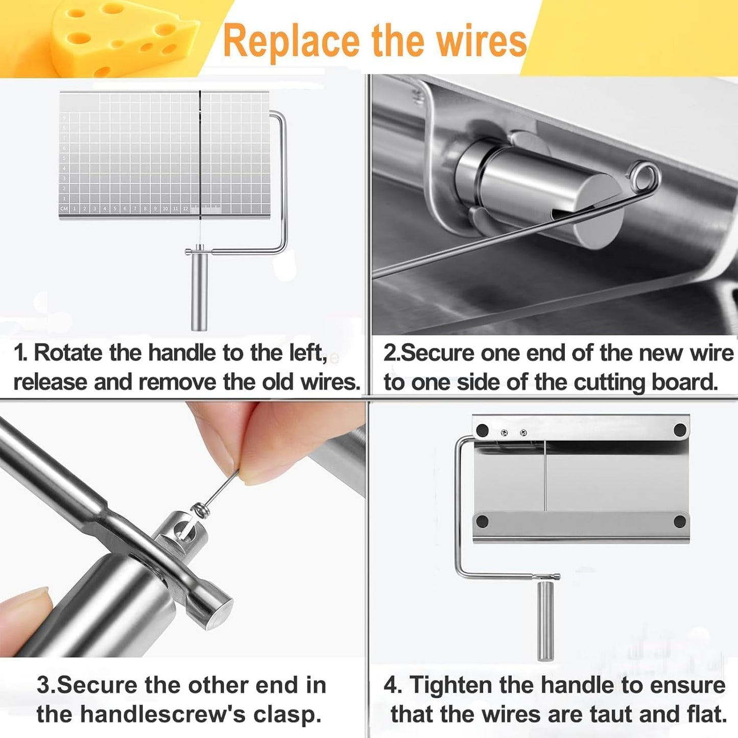 Cheese Slicer with Measuring Grids, Stainless Steel Metal Cheese Cutter and Cutting Board for Block Cheese, with 5 Replacement Extra Wires, Easy to Clean, Dishwasher Safe