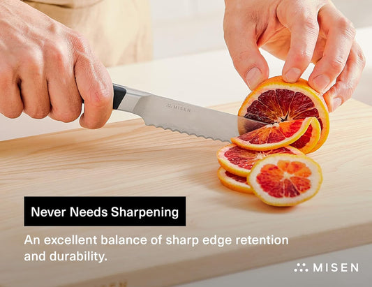 Misen Serrated Bread Knife - High-Carbon Japanese AUS8 Steel - Perfect for Soft Foods, Bread, Pastries, and Fruits - Verstatile Slicer, Razor-Sharp Edge, Durable Blade, Ergonomic Handle - 8", Black