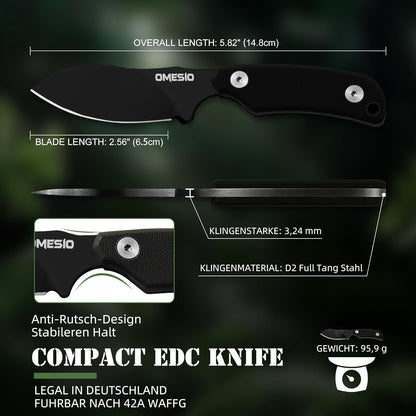 Omesio Neck Knife, Full Tang EDC Knife Necklace for Men, 5.82" Fixed Blade with Kydex SHeath and Clip, Nessmuk Blade Small D2 Steel G10 Handle for Outdoor, Survival, Camping