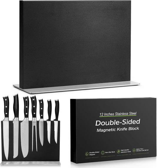 ENOKING Double-Sided Magnetic Knife Block, 12in Black Stainless Steel Knife Holder for Kitchen Countertop, Safe & Space-Saving Knife Storage Organizer