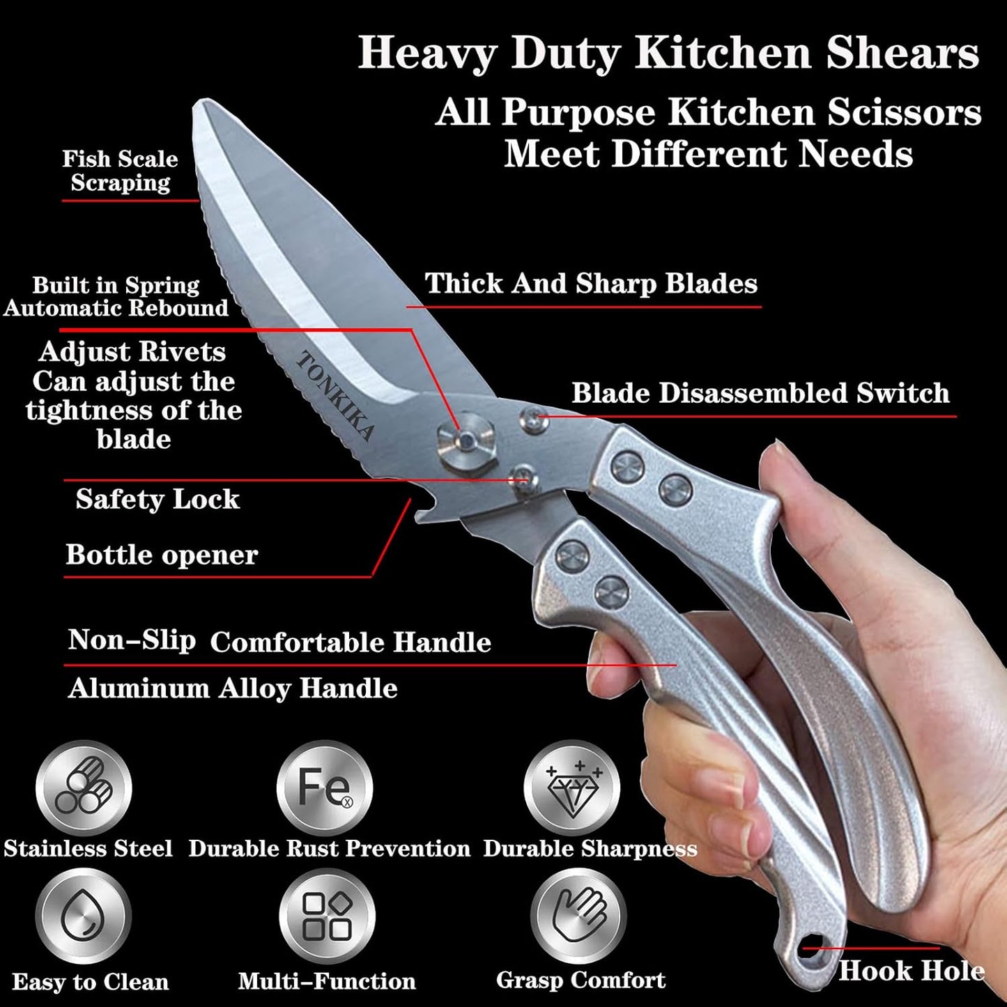 Heavy Duty Kitchen Shears, 2 Pack Detachable Poultry Scissors, Silver Black, Ambidextrous, Dishwasher Safe