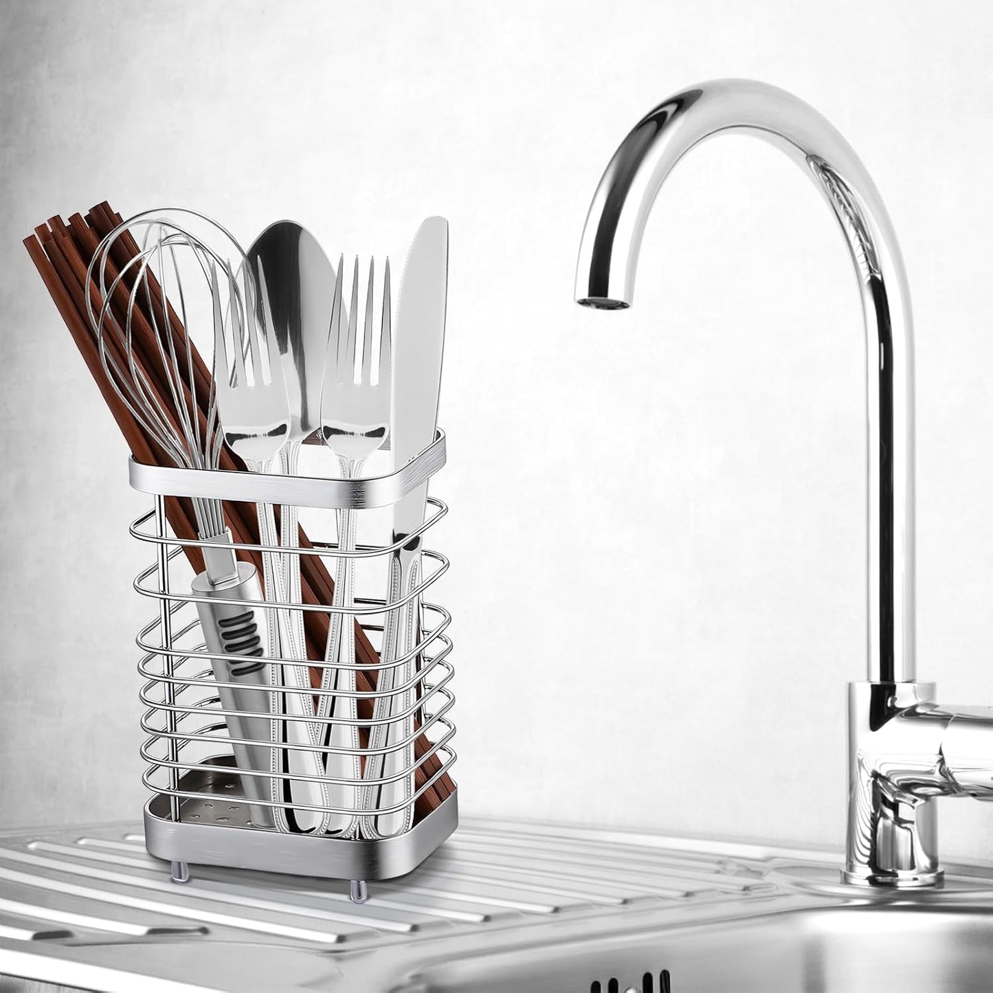 Utensil Holder, Stainless Steel Utensil Drying Rack for Kitchen Counter, Silverware Cutlery Flatware Holder Forks, Knives, Spoons, Chopsticks Organizer (Silver)