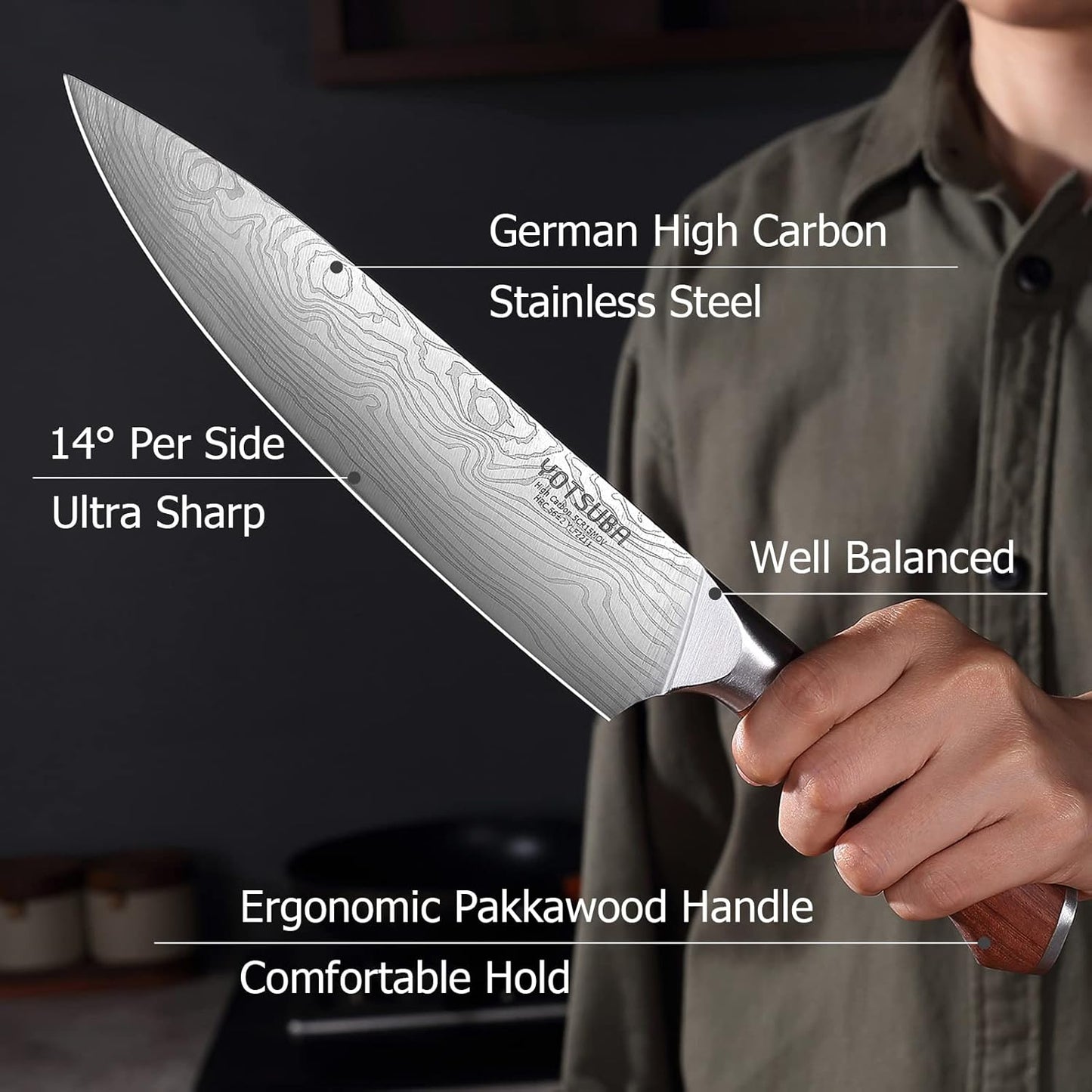 YOTSUBA Carving Knife and Fork Set, Meat Cutting Knife, Razor-Sharp German Stainless Steel Knives Fork Set with Ergonomic Wood Handle, Slicing Knives for Meats, BBQ & Vegetables