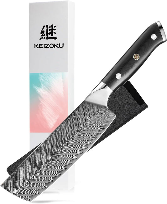 8 Inch Japanese Nakiri Knife,Damascus Steel Ultra-Sharp Vegetable Knife，10Cr15MOV Kitchen Knives with Feather Pattern Blade