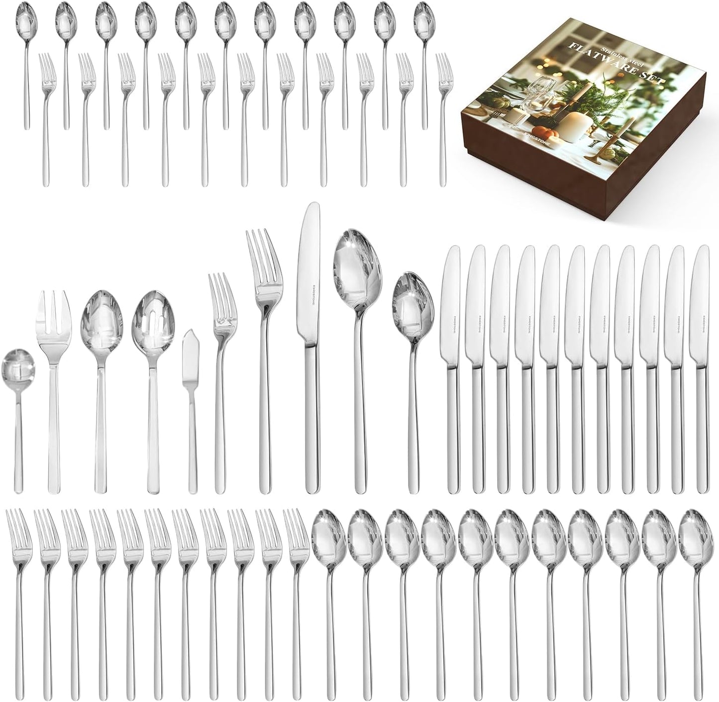 KINGSTONE 48-Piece Silverware Set with Steak Knives, Flatware Set for 8, Stainless Steel Tableware Cutlery Set for Home Restaurant, Mirror Finish,Modern Design