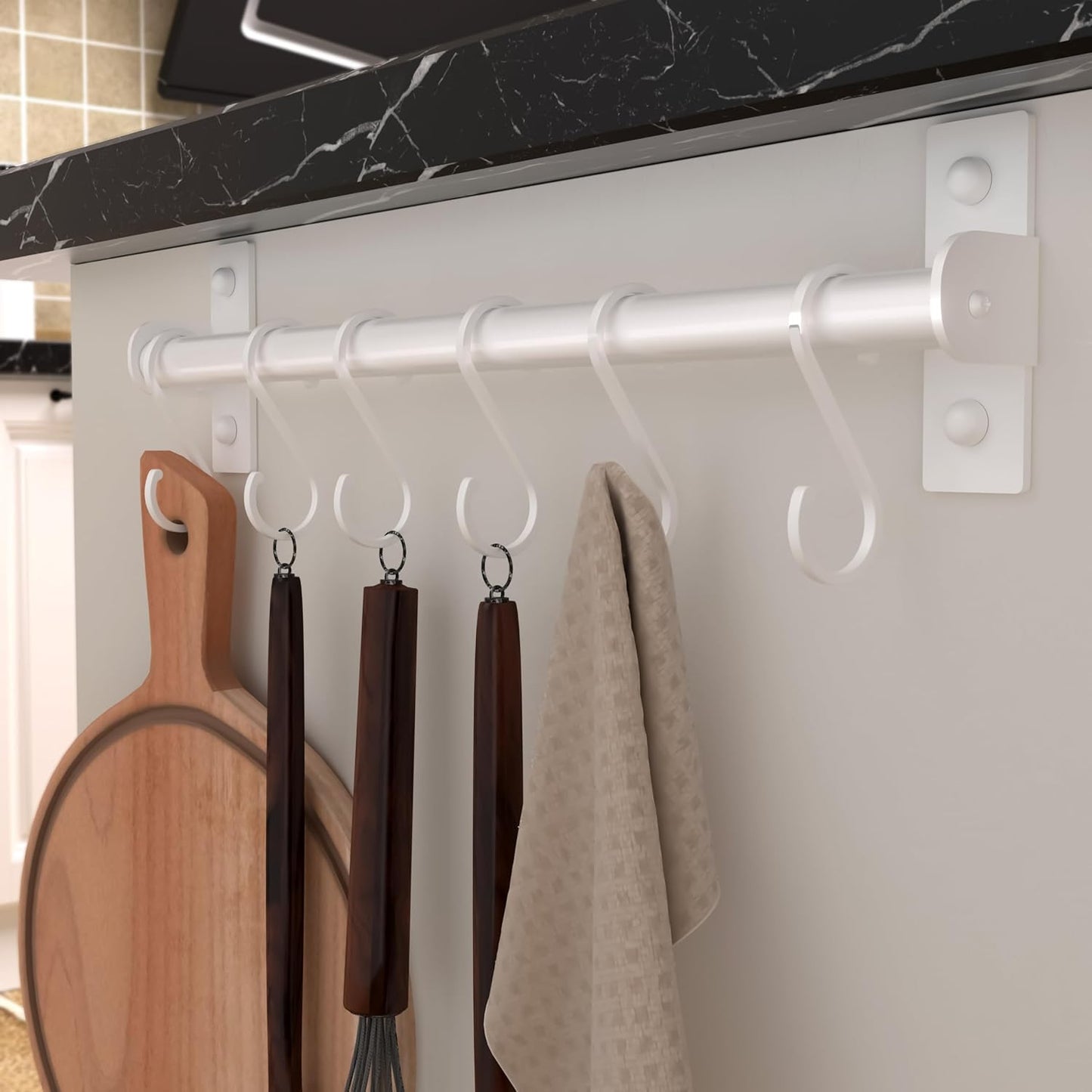 Dseap Kitchen Utensil Holder Hanger, Pot and Pan Rack Wall Mounted, Kitchen Rail with 8 Hooks for Hanging Cooking Utensils, Mugs, Spoons, Wall Mounted, Silver