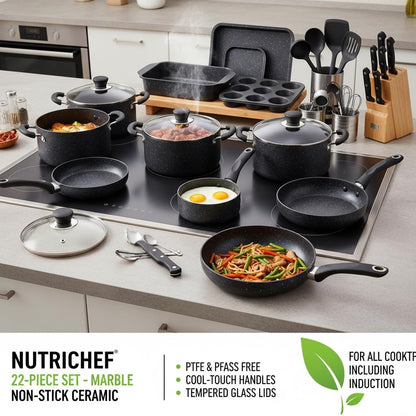 NutriChef 54-Piece Kitchen Cookware Set – Complete Non-Stick Ceramic Pots and Pans Set with Utensils, Bakeware, and Knife Set, Gas, Electric & Induction Compatible, Blush Pink Kitchen Essentials