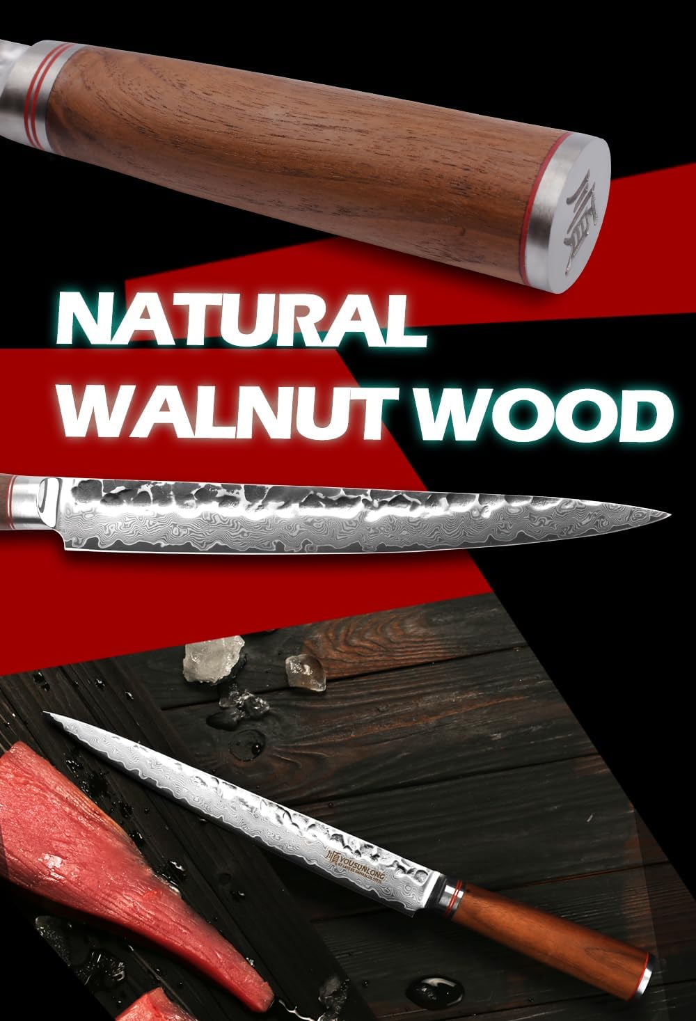 YOUSUNLONG Sashimi Fish Fillet Knife 10 Inch (254mm) Left-Right Handed Carving Knife Japanese 67 layer Damascus Steel Natural Walnut Wood Sheath with Leather
