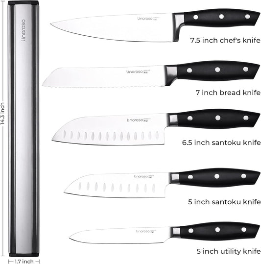 linoroso 5 Pcs Knife Set with Magnetic Knife Strip, Sharp High Carbon Stainless Steel Kitchen Knife Set for Cutting, Chopping & Slicing, Chef Knives Set with Magnetic Knife Holder for Wall