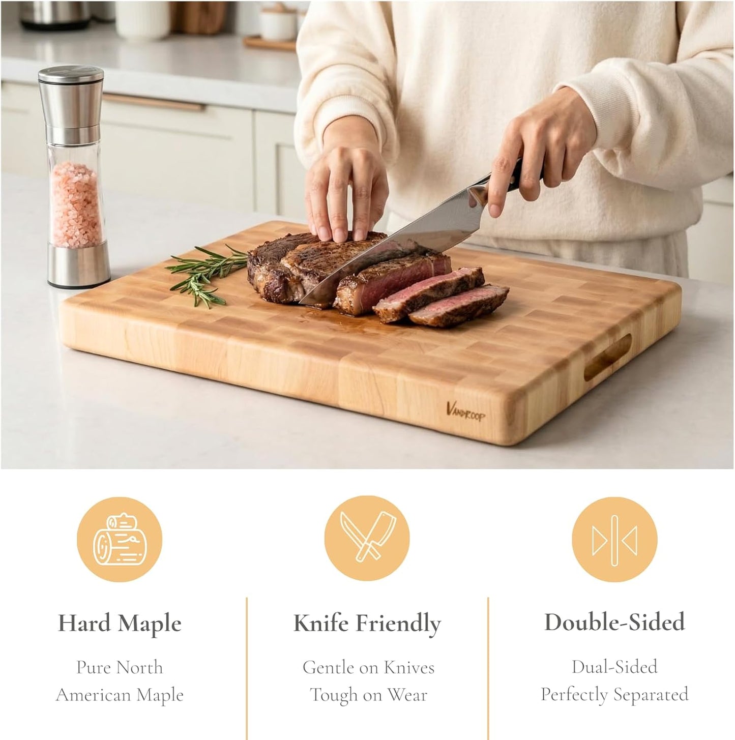 Vandroop Maple Wood End Grain Cutting Board for Kitchen - Square Wooden Maple Heavy Butcher Block Chef's Board 14x14x2”- Reversible End-Grain Chopping Board with Finger Grips